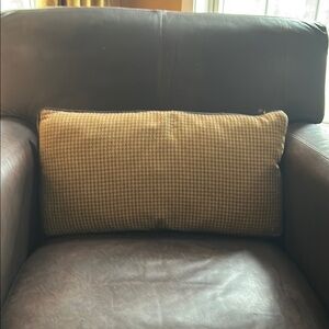 Brown Leather Armchair with Houndstooth Cushion